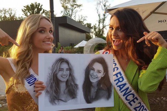 portrait dessin de miss France Diane Letre et Miss pyrénées par boris hannah Friconnet caricaturiste portraitiste magicien