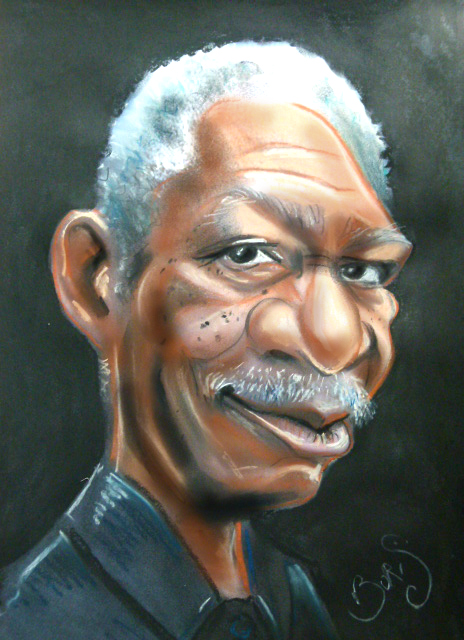 caricature de Morgan Freeman par Boris Lamy Magicien close up, caricaturiste et silhouettiste de Toulouse a bordeaux, 