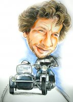 Caricature dessin travaillé sur photo couleur Side-car